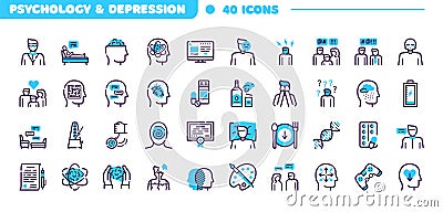 Depression symptoms blue linear vector icons set Vector Illustration