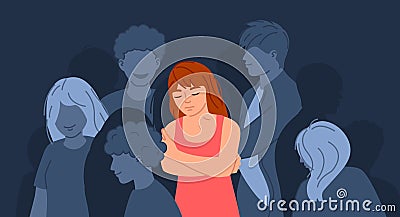 Depressive crowd. Social loneliness, sadness, and exhaustion. Depressed girl int crowd of indifferent people vector Vector Illustration