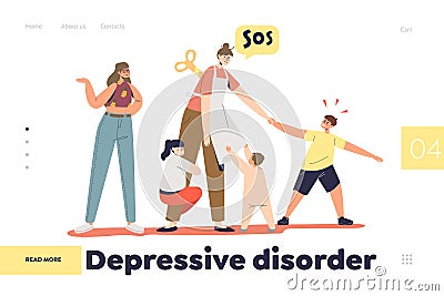 Depressive disorder concept of landing page with sad mother tired of many children parent routine Vector Illustration