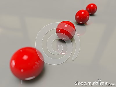 Depth of field four red shining glossy balls lined perspective studio lights shadows white reflection specular Stock Photo