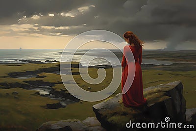 In the depths of her thoughts, a fantasy woman finds herself reminiscing for her homeland (Generative AI) Stock Photo