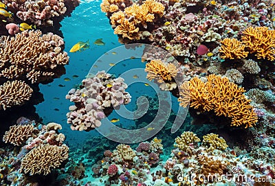 In the depths of the ocean, a vibrant coral reef pulsates with life, as schools of fish dart among the intricate coral Stock Photo