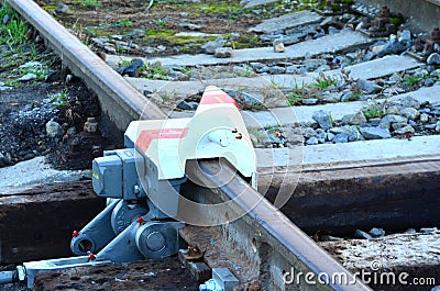 Derail device on railroad line Stock Photo