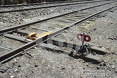 Derail equipment on peruvian railroad line Stock Photo