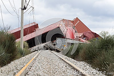 Derailed train coaches at the site of a train accident at the Ge Editorial Stock Photo