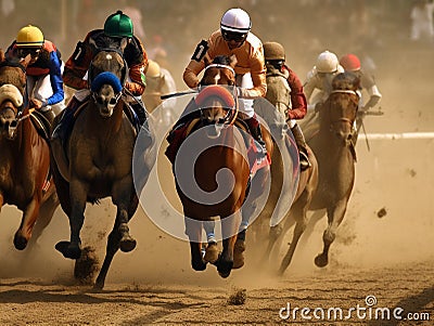 Derby - equestrian with jockey astride horse on racecourse. Rider is in speed racing horseback in competition. Generative AI Stock Photo