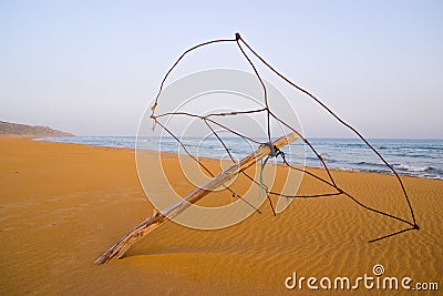 Derelict Beach Umbrella at Golden Turtle Beach in Karpasia, Island of Cyprus Stock Photo