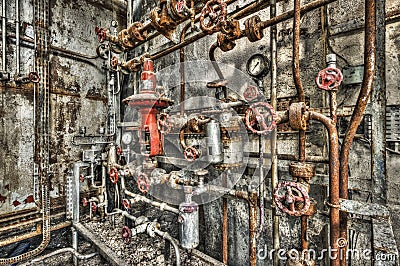 Derelict industrial boiler room in a disused factory Stock Photo