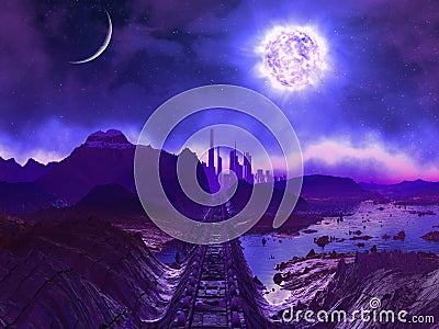 Derelict Railway Track to Alien City Ruins Stock Photo