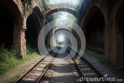 Derelict Railway Track to Alien City Ruins Stock Photo