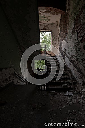 Derelict Staircase - Abandoned Nativity of the Blessed Virgin Mary Church School - Cleveland, Ohio Stock Photo