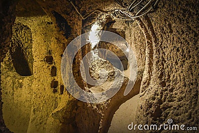The Derinkuyu underground city is an ancient multi-level cave city in Cappadocia, Turkey. Stock Photo