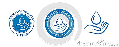 Dermatologically tested vector label with water drop and hand logo. Dermatology test, dermatologist clinically proven icon for Vector Illustration