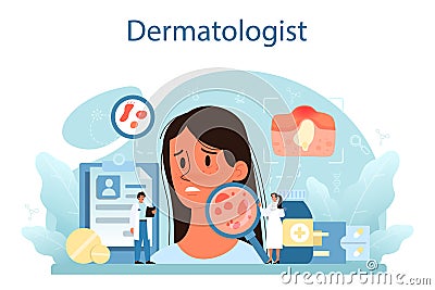 Dermatologist concept. Dermatology specialist, face skin or acne treatment. Vector Illustration