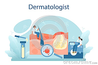 Dermatologist concept. Dermatology specialist, face skin or acne treatment. Vector Illustration