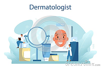 Dermatologist concept. Dermatology specialist, face skin or acne treatment. Vector Illustration