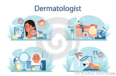 Dermatologist concept set. Dermatology specialist, face skin or acne treatment. Vector Illustration
