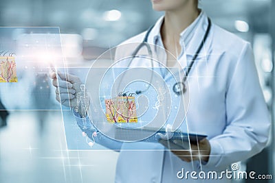 Dermatologist doctor works with skin anatomy in virtual computer interface Stock Photo