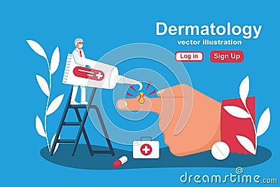 A dermatologist examines infected skin. Big hand with pimples or eczema. Vector Illustration