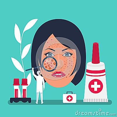 A dermatologist examines infected skin faces. Cosmetology or dermatology. Vector Illustration