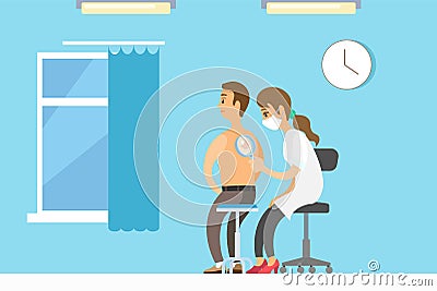 Dermatologist female character examining a mole from a male patient with magnifying glass in clinic Vector Illustration