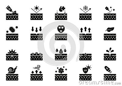 Dermatology and Cosmetology Care Silhouette Icon Set. Skin Care Icon. Cosmetic Skincare Treatment, Acne Medical Problem Vector Illustration