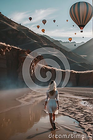 Girl and the amazing view with air balloons Stock Photo