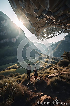 Two girl and the amazing view with sunrise Stock Photo