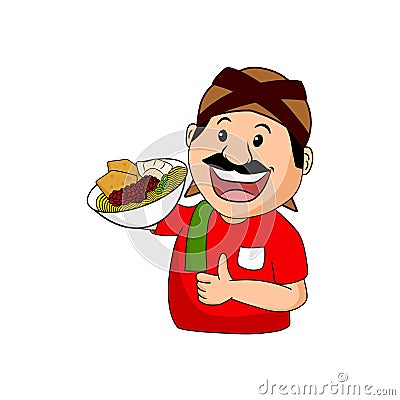 Cartoon of a mustachioed male trader with a blank headband carrying a bowl of chicken noodles. Vector illustration Cartoon Illustration