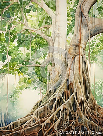 Descending Banyan Tree Roots and Detailed Leaves in Bold Watercolor AI Generated Cartoon Illustration