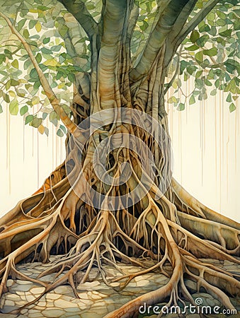 Descending Banyan Tree Roots and Detailed Leaves in Bold Watercolor AI Generated Cartoon Illustration