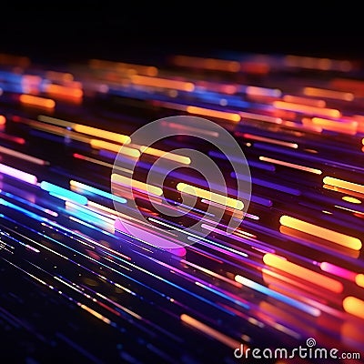 Descending colored beams of light, data reflected off a dark wet surface. Abstract concept of flowing information stream. AI Cartoon Illustration