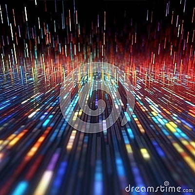Descending colored beams of light, data reflected off a dark wet surface. Abstract concept of flowing information stream. AI Cartoon Illustration