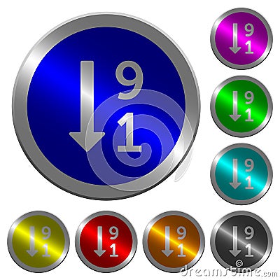 Descending numbered list luminous coin-like round color buttons Stock Photo