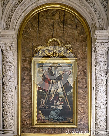 `Descent from the Cross` by Pedro de Campana in the main sacristy of the Seville Cathedral in Spain. Stock Photo