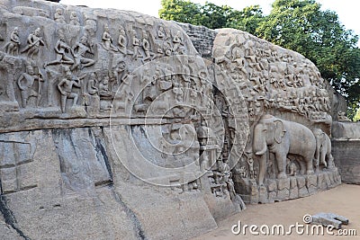 Descent of the Ganges and and Arjuna`s Penance at Mahabalipuram in Tamil Nadu, India Editorial Stock Photo