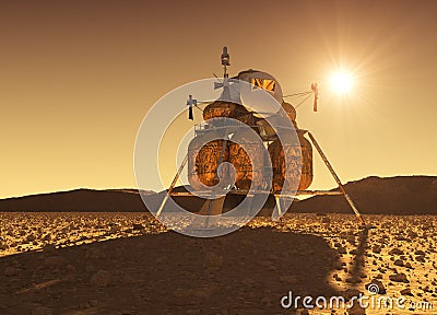 Descent Module Of Interplanetary Space Station On The Background Of Martian Sun Stock Photo