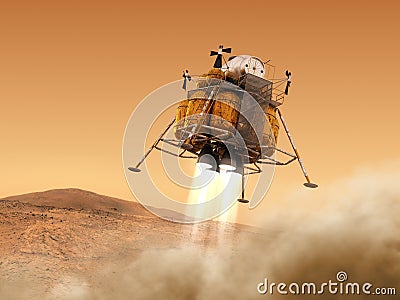 Descent Module Of Interplanetary Space Station Landing on Planet Mars Stock Photo