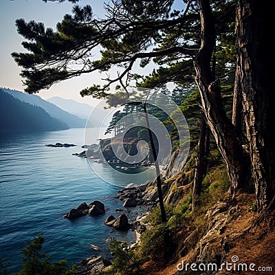 Describe the intoxicating scent of pine trees carried on a mountain breeze, mingling with the salty aroma of the nearby ocean Stock Photo