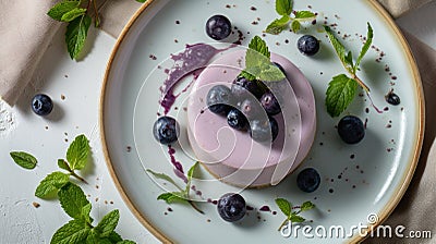 Describing a Dessert Plate with Birds Milk Cake, Blueberries Stock Photo