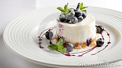 Describing a Dessert Plate with Birds Milk Cake, Blueberries Stock Photo