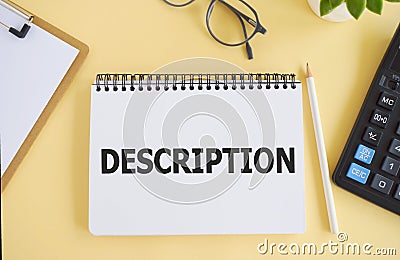 DESCRIPTION text written in Notebook, on light background. business concept. Top view flat lay Stock Photo