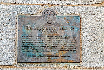 Descriptive plaque with the Brooklyn Bridge, New York, USA Editorial Stock Photo