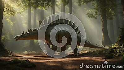 A descriptive scene with a stegosaurus walking through a forest. The stegosaurus is green and scaly Stock Photo