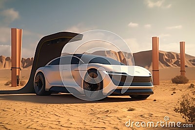 desert automotive transport auto transportation futuristic drive car electric refueling. Generative AI. Stock Photo