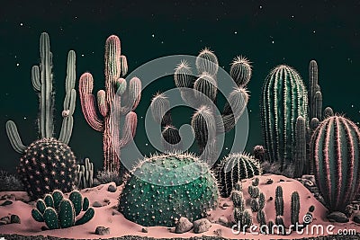 Desert Cacti Cactus blossom and Saguaros. Neural network AI generated Stock Photo