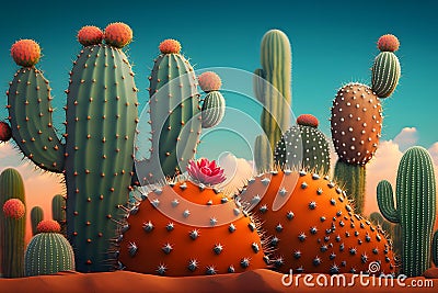 Desert Cacti Cactus blossom and Saguaros. Neural network AI generated Stock Photo