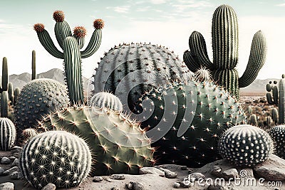 Desert Cacti Cactus blossom and Saguaros. Neural network AI generated Stock Photo