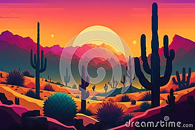 Desert with cacti. Landscape of the wild west. Neural network AI generated Stock Photo