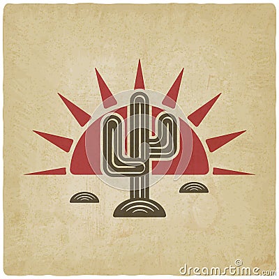 Desert cactus at sunset old background Vector Illustration